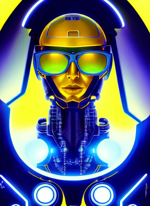 Prompt: symmetry portrait of a robot wearing sunglasses, sci - fi, tech wear, blue and yellow glowing lights, intricate, elegant, highly detailed, digital painting, artstation, concept art, smooth, sharp focus, illustration, art by artgerm and greg rutkowski and alphonse mucha
