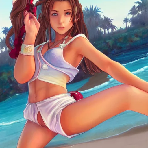 Image similar to beautiful aerith from final fantasy in daisy dukes on the beach making eye contact drawn by artgerm