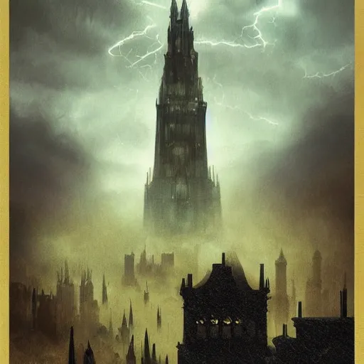 Image similar to an ultra detailed tarot card of a lonely and impossibly tall ominous gothic dark tower elevated high above the city, in a river elevated high above the city, fantasy capital city, ultrawide lense, aerial photography, scary thunderstorm, light fog, volumetric lighting, exquisite detail, 8 k, art by greg rutkowski and alphonse mucha