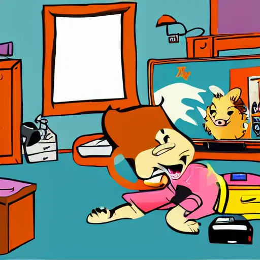 Image similar to a cartoon honey badger wearing shorts and playing video games in a messy room, very detailed