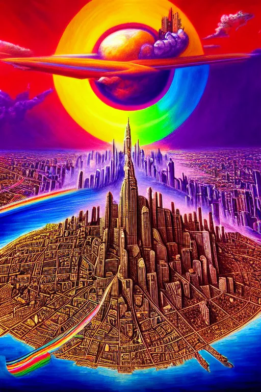 Prompt: a beautiful hyperdetailed painting of spiritual evolution city of god, rainbow retrowave fantasy, wallpaper, highly detailed, trending on artstation.