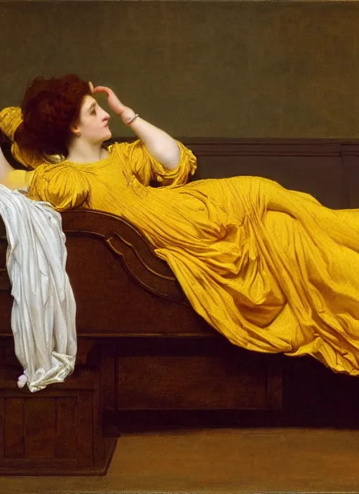 Prompt: masterpiece portrait of lady reclining on spilling flowing bed wearing yellow ochre ornate medieval dress, vertical, foreshortening, colour photography by frederic leighton, william morris, 8 k