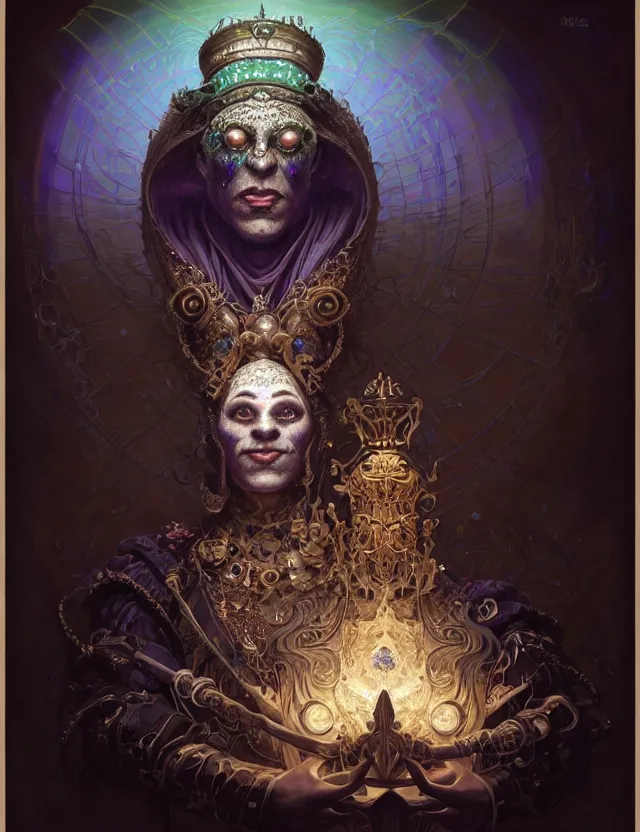 Image similar to front shot of a court jester character, hyperdimensional, bioluminescent hypercubes, dark holography!!!, (((intricate))), elegant, highly detailed, centered, (((artstation, concept art, smooth, sharp focus, artgerm, Tomasz Alen Kopera, Peter Mohrbacher, donato giancola, Joseph Christian Leyendecker, WLOP, Boris Vallejo))), mugshot!!!!!, ugly!!!!!!, octane render, nvidia raytracing demo, octane render, nvidia raytracing demo, octane render, nvidia raytracing demo, grainy, muted, 8K, digitalblasphemy, metatron