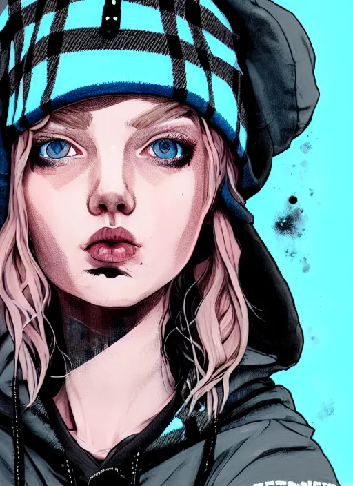 Image similar to highly detailed portrait of a swedish sewer punk lady student, blue eyes, tartan hoody, hat, white hair by atey ghailan, by greg tocchini, by kaethe butcher, gradient pink, black, brown, cream and light blue color scheme, grunge aesthetic!!! ( ( graffiti tag wall white background ) )