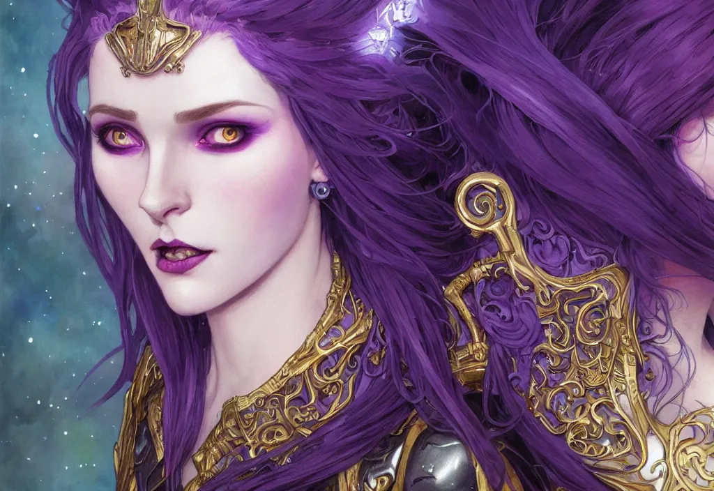 Prompt: close up portrait vampire with purple hair in sci - fi bionic armor, highly detailed, very intricate, art nouveau, gold filigree, romantic storybook fantasy, soft cinematic lighting, award - winning, disney concept art watercolor illustration by mandy jurgens and alphonse mucha and alena aenami, pastel color palette, featured on artstation