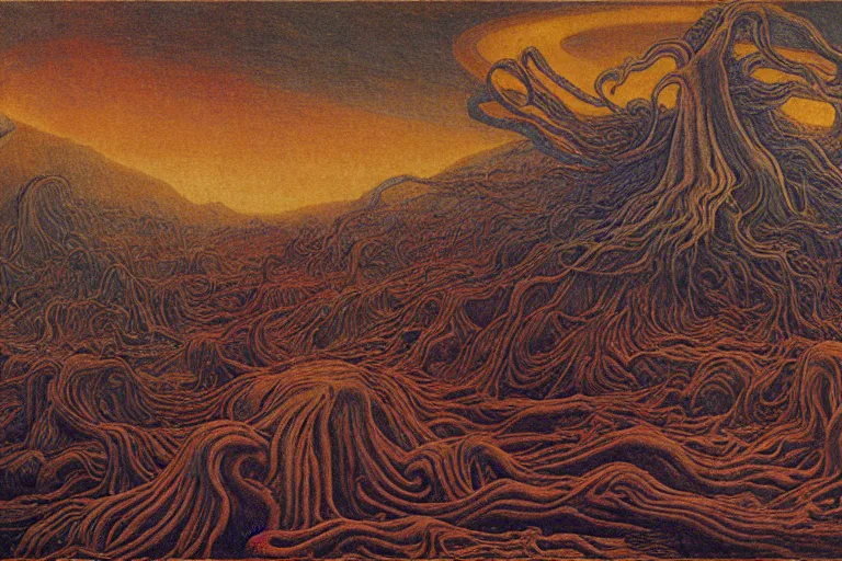 Image similar to lovecraftian landscape, another world by Jean Delville