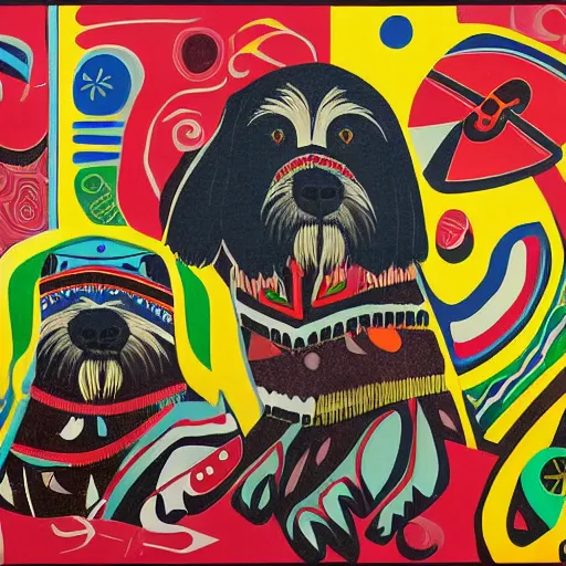 Image similar to tlingit haida lithographic, havanese dog, abstract lithograph print by nathan jackson and tristan - wolf and maynard johnny jr.