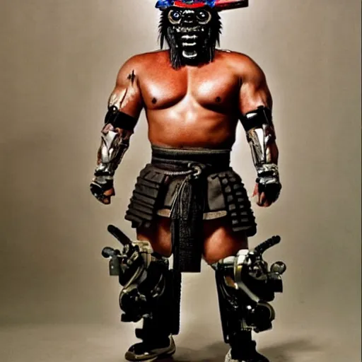 Image similar to very big very muscular very buff very strong samurai, wearing a cybernetic oni mask. The mask is cybernetic. Movie still
