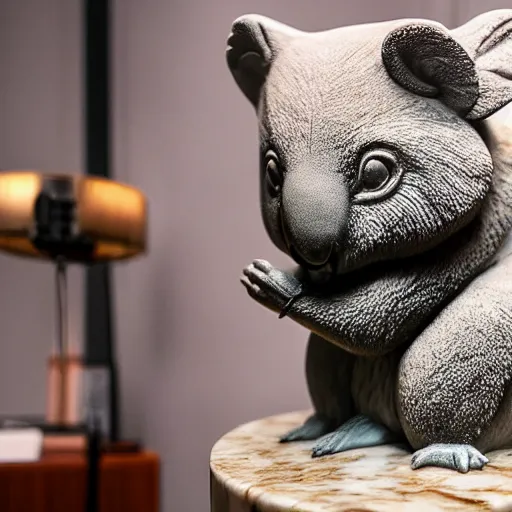 Image similar to a marble statue of a koala dj in front of a marble statue of a turntable. the koala has wearing large marble headphones.