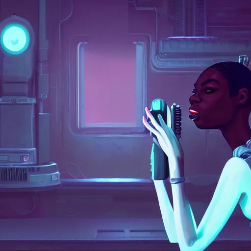 Prompt: Highly detailed portrait of a cyborg nina simone singing in a speakeasy unreal engine, fantasy art by lois van baarle, global illumination, detailed and intricate environment