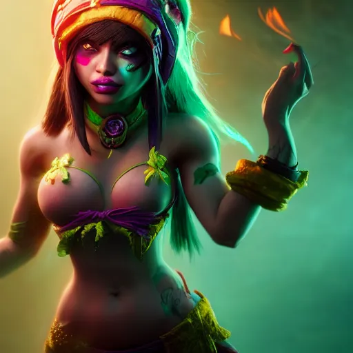 Image similar to Portrait of Neeko from League of Legends as a Character from Mortal Kombat 11, anger, mystery, fear, highly detailed, ominous vibe, smoke, octane render, cgsociety, artstation, trending on ArtStation, by Travis Sergio Diaz