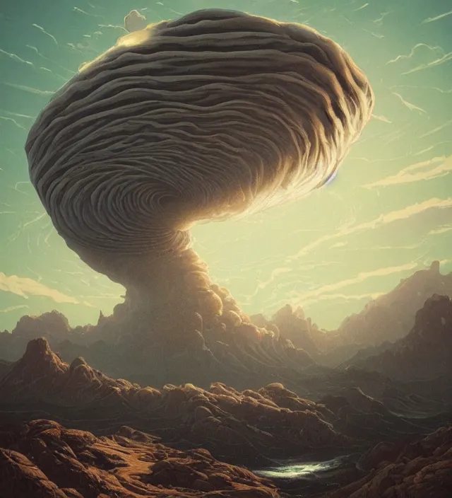 Prompt: a giant 🌊 swirling in the sky above a barren 🏜 by ivan shishkin and zacharias aagaard and simon stalenhag and dan mumford and josan gonzalez, surrealism, chiaroscuro, hyper detailed, desaturated, retrowave