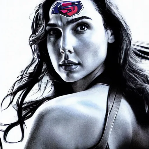 Image similar to an potrait of gal Gadot cast of movie man of steel and wearing a superman suit, photorealistic high detail, cinematic, high quality.