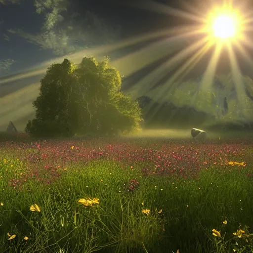 Prompt: rhythmic interval tectonic surfaces as resonant waves of harmonic organic mystical megastructure crystal lattice architectures exploding with light and god rays in a meadow full of wildflowers by albert bierstadt, by glen small, by giovanni battista piranesi, photorealistic, god rays, octane render, depth of field, volumetric light, volumetric fog, holy spirit