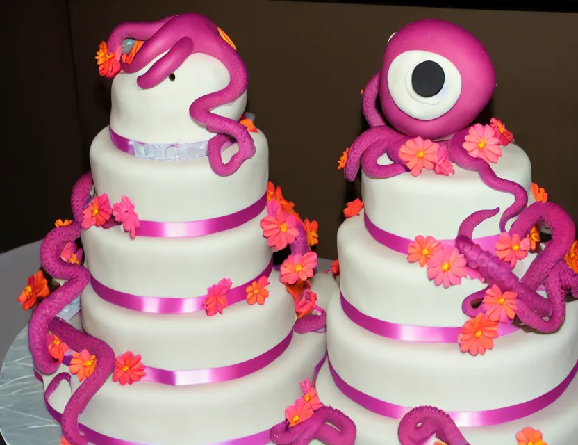 Prompt: octopus wedding cake with flowers