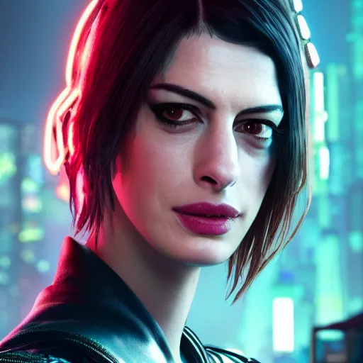 Prompt: anne hathaway portrait, cyberpunk 2 0 7 7, cyberpunk judy alvarez, photorealistic, ultra detailed, neon, octane, bokeh, cinematic lighting, cyber, cyberpunk city, studio quality, feature, scars, cyberface, 8 k