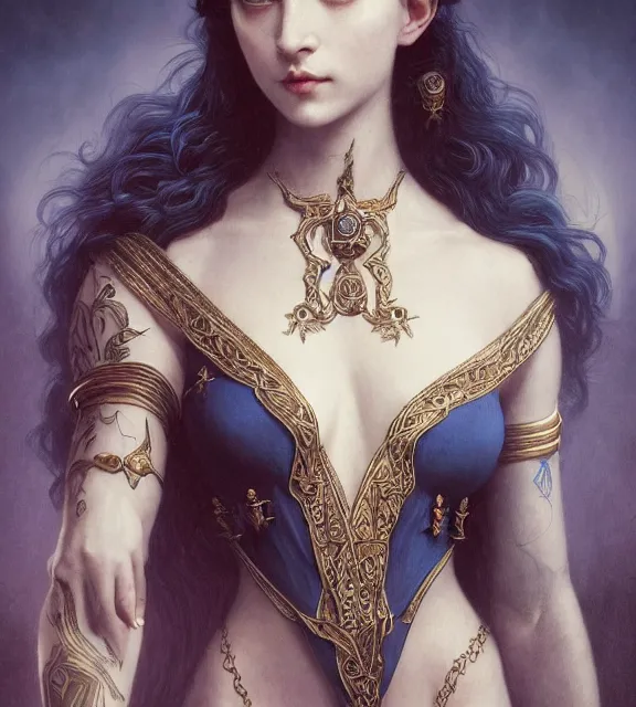 Image similar to god of death, in the underworld, elegant dark blue dress, very detailed, throne, very intricate details, jewelry, delicate tattoos, elaborate long hairstyle, cinematic, artstation, william bouguereau, greg rutkowski, rossdraws, octane render