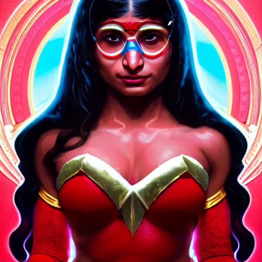 Image similar to mia khalifa as darna, wax figure, glowing eyes, volumetric lights, red and cyan theme, art nouveau botanicals, intricate, highly detailed, digital painting, artstation, concept art, smooth, sharp focus, cinematic, illustration, beautiful face, art by artgerm and greg rutkowski and alphonse mucha