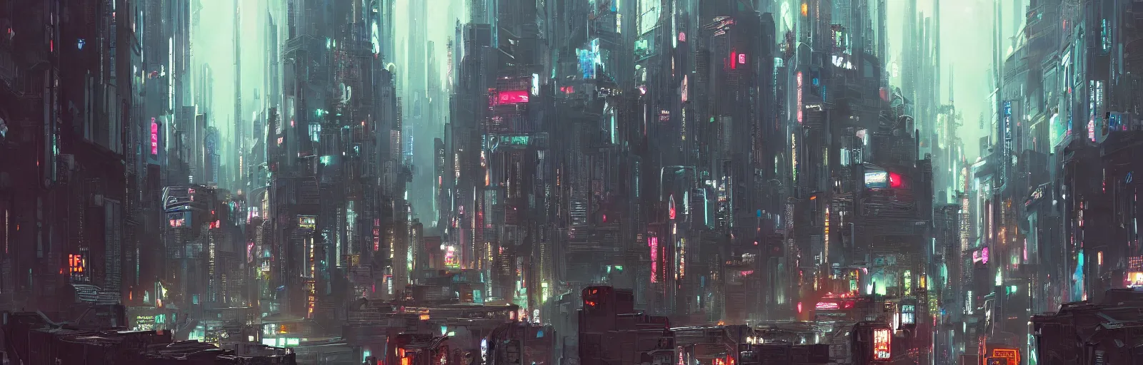 Prompt: a painting of a cyberpunk city trending on artstation in the style of greg rutkowski and banksy