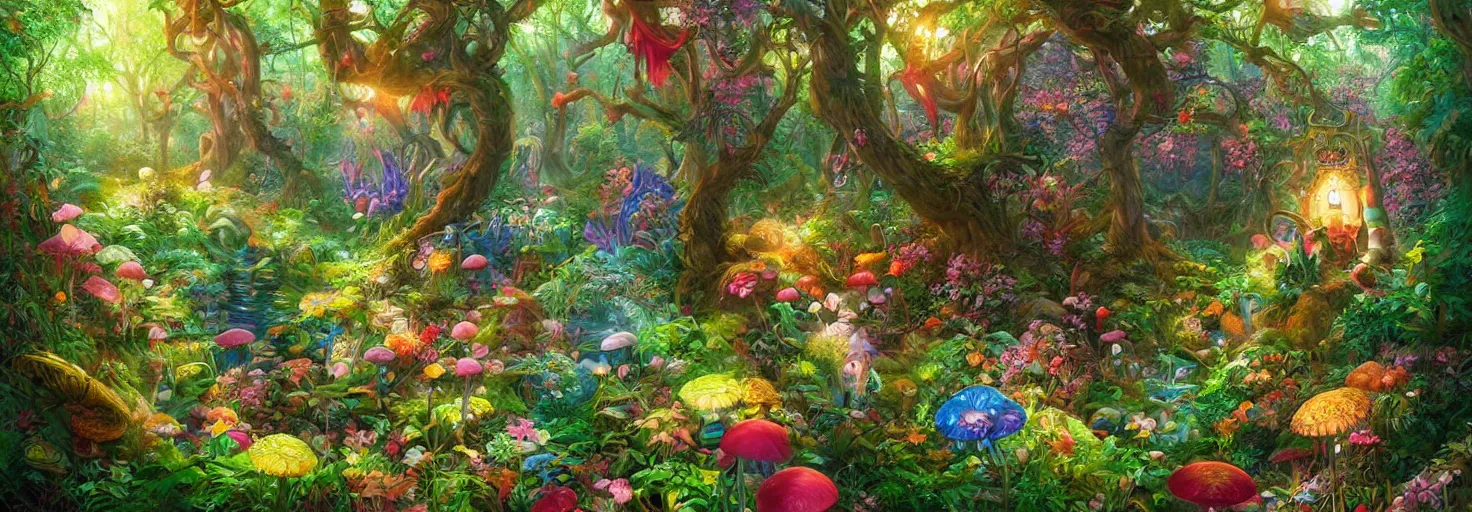 Prompt: lush green alice in wonderland style forest, colorful plants flowers and mushrooms, vibrant colors, intricate mural, highly detailed, digital painting, trending on artstation, sharp focus, illustration, art by artgerm and greg rutkowski and magali villeneuve