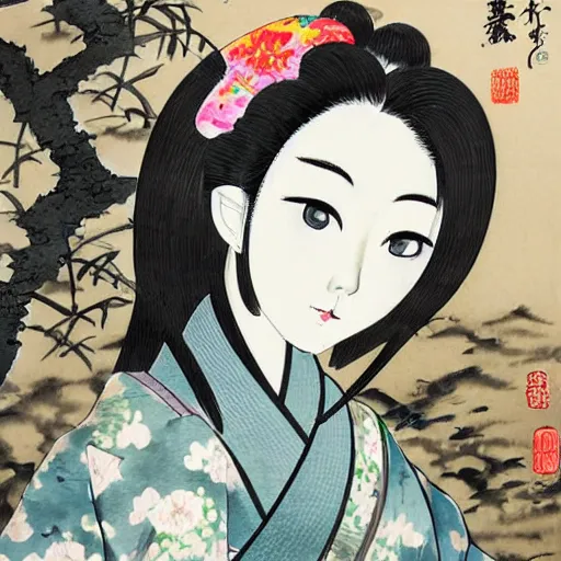 Image similar to ink painting, japanese style, manga, girl in a kimono