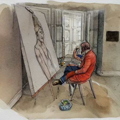 Prompt: the artist waits for recognition, by the classical masters, watercolor, pen illustration, isometric illustration,