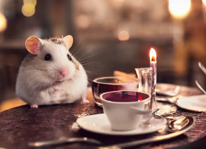 Prompt: photo of a hamsters on a date, drinking red wine, at night, faded colors, candlelit restaurant table, various poses, soft light, centered, sharp focus, 8 k