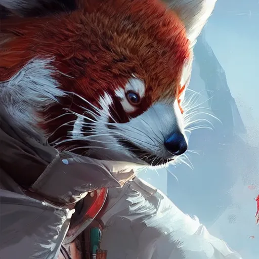 Image similar to red panda in white coat as apex legends character, digital illustration portrait design, by android jones and greg rutkowski, retrowave color scheme, detailed, cinematic lighting, wide angle action dynamic portrait