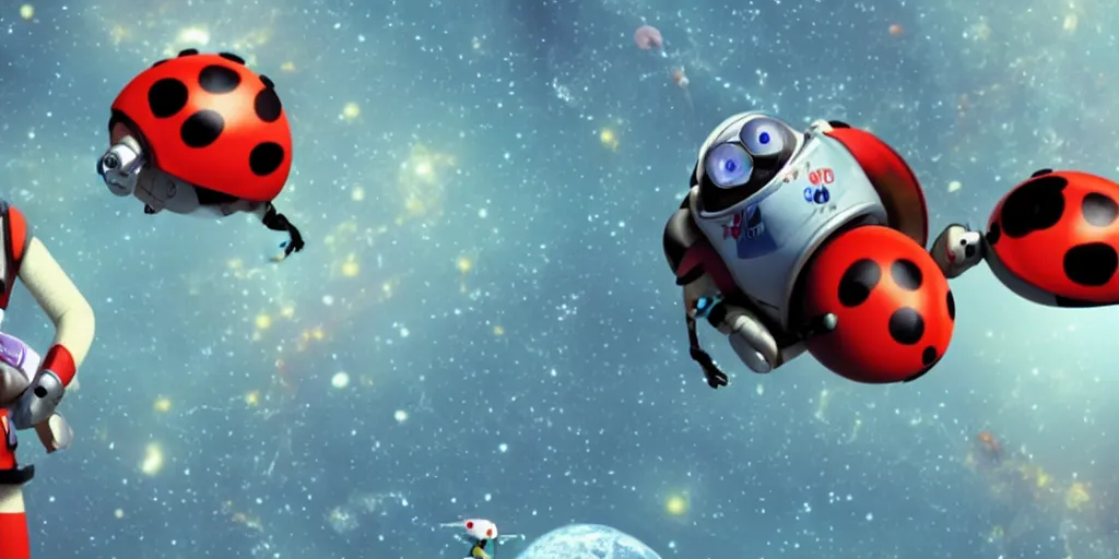 Prompt: a 3 d rendered movie still from a distance of 3 0 m of a ladybug 1 million years from now. the ladybug is sentient, wears tiny spacesuit, and conquered space exploration in a tiny space ship. science fiction blockbuster movie ladybugs rule the world, imax 7 0 mm. buzz lightyear.
