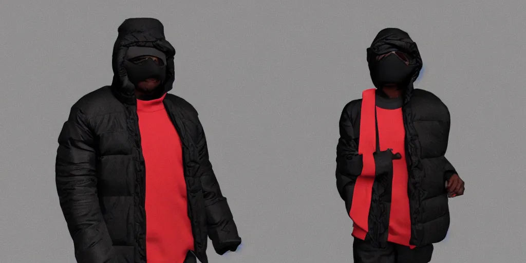 Prompt: kanye west using a full face covering black mask, a small, tight, undersized reflective bright red round puffer jacket made of nylon, dark jeans pants and big black balenciaga rubber boots in 3 d, blender, octane render, 3 d render, realistic, unreal engine, trending on sketchfab, studio light, 4 k, 8 k
