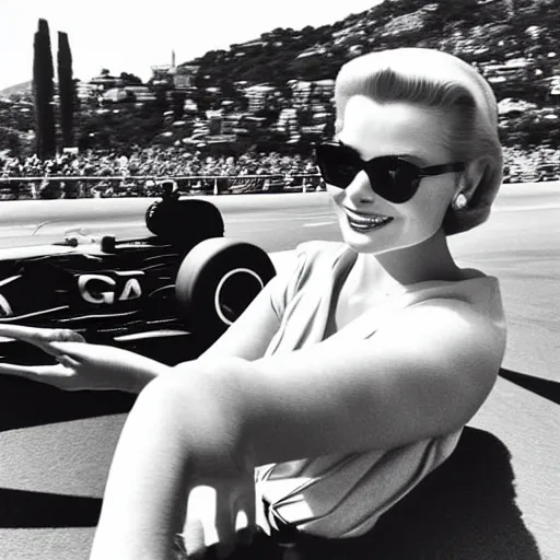 Image similar to selfie smartphone photo of a young Grace Kelly at the Monaco Gran Prix, F1 cars blurred in background, iphone photo, smartphone resolution, trending on instagram, influencer photography