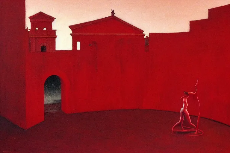 Image similar to only with red, a red great emperor, taormina amphitheatre, expressive crowd with big smile, in the style of beksinski, parts by edward hopper, parts by rodcenko, parts by yue minjun, intricate and epic composition, red by caravaggio, insanely quality, highly detailed, masterpiece, red light, artstation, 4 k