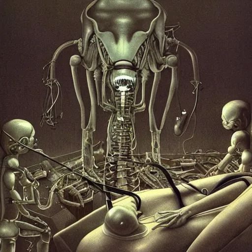 Image similar to a hyperrealistic painting of an alien surgery, robotic doctors, by john kenn mortensen and zdzislaw beksinski, highly detailed, vivid color,