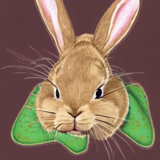 Prompt: detailed paint of a cute beige rabbit with cat's paws and cat's muzzle, big green eyes, long tail and long floppy ears