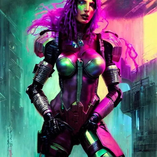 Prompt: a sexy cybergoth Doom Slayer Gal Gadot, dystopian mood, vibrant colors, sci-fi character portrait by gaston bussiere, craig mullins, Simon Bisley, curvy