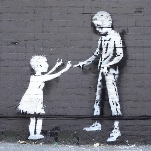 Image similar to a street art of thread connecting brother and sister by banksy