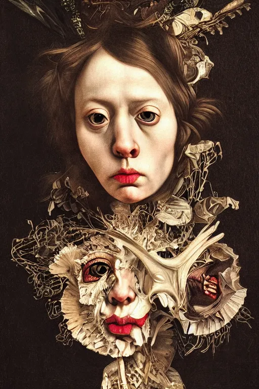 Image similar to Detailed maximalist portrait with large lips and with large eyes, sad exasperated expression, bones, HD mixed media, 3D collage, highly detailed and intricate illustration in the style of Caravaggio, dark art, baroque