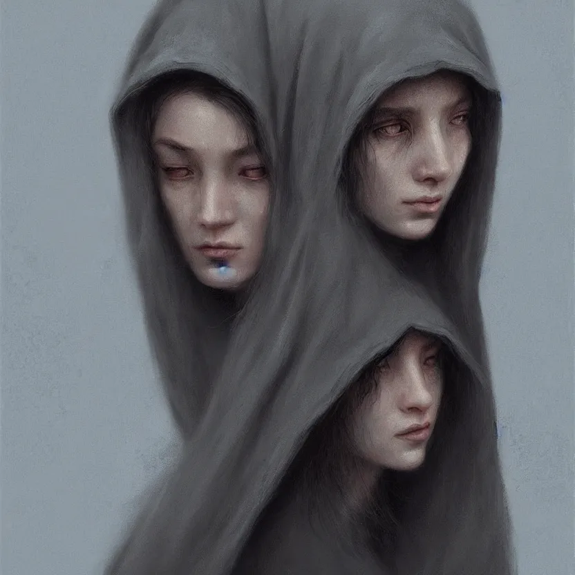 Image similar to Portrait of a young woman wearing a hooded robe, anatomically correct, perfect face, cinematic lighting, candid, intricate, elegant, highly detailed digital painting, trending on Artstation, concept art, smooth, sharp focus, illustration and art by Beksinski, by Simon Stalenhag