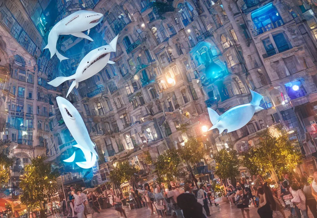 Image similar to 3 d 🦈 popping out of curved screen, town square, volumetric lighting, bokeh, instax