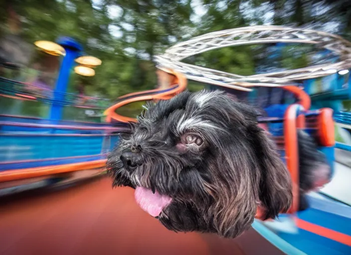 Prompt: film still of a dog riding a roller coaster in disneyland paris, 8 k