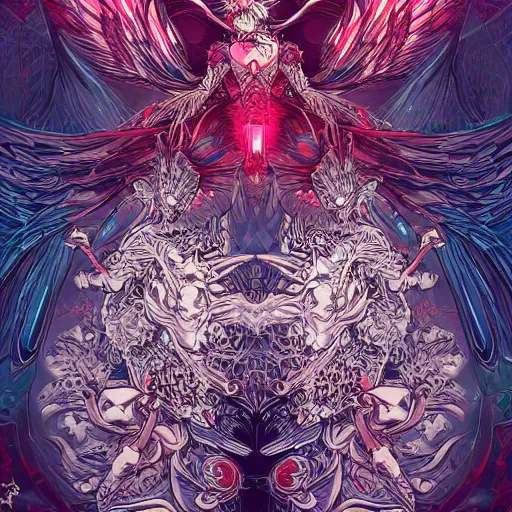 Image similar to angel versus devil, an ultrafine detailed illustration by james jean, final fantasy, intricate linework, bright colors, behance contest winner, vanitas, angular, altermodern, unreal engine 5 highly rendered, global illumination, radiant light, detailed and intricate environment