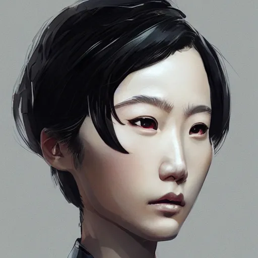 Image similar to portrait of a beautiful korean girl wearing a men's tuxedo, with short messy hair, men's haircut, angular features, angry expression, dramatic lighting, illustration by Greg rutkowski, yoji shinkawa, 4k, digital art, concept art, trending on artstation