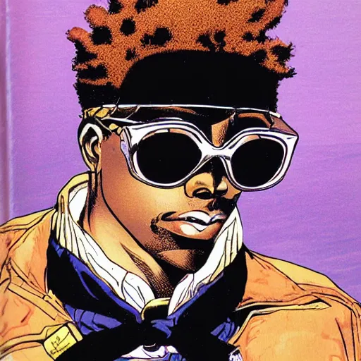 Prompt: a cool freckled black dude wearing shades with golden frizzy hair by masamune shirow