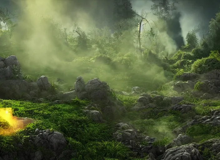 Image similar to a scene from hades, highly detailed, radiant lighting, green ambience, steam rising from rocky ground