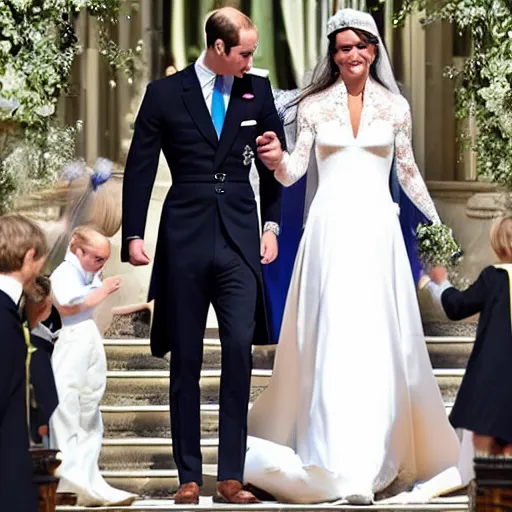 Prompt: detailed photos of the duke of cambridge prince william marrying american popstar britney spears, happy couple, official photos, wedding photo, royal wedding, photos trending on twitter, trending photo on instagram