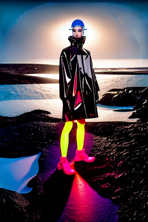 Image similar to an ultra high definition professional high fashion portrait studio full length photograph of a model wearing a transparent pearlescent raincoat and neon visor in an icelandic black rock environment at dawn. no artefacts. extremely detailed. stark. refraction. shallow depth of field. volumetric light and shadow. ray tracing. light rays.