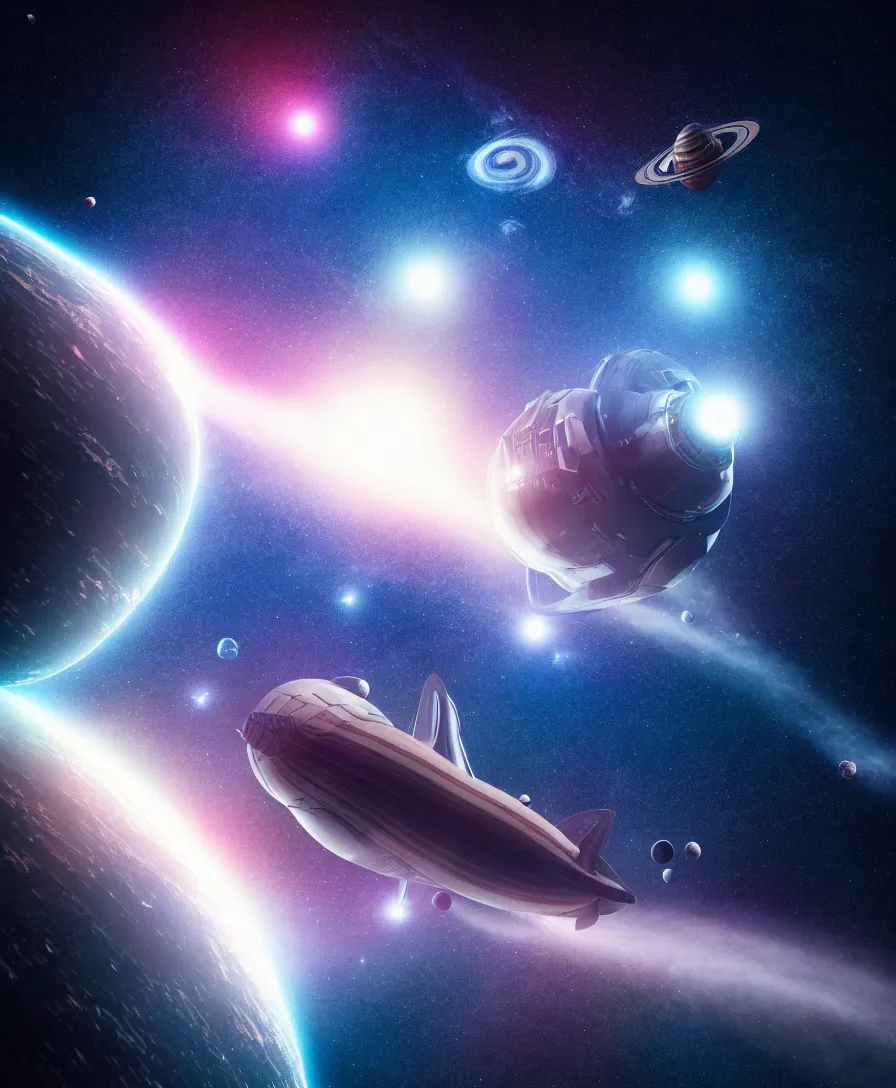 Image similar to realistic photo of space ship flying between galaxies, only one space ship in photo, stars and planets glowing around, 3 d octane render, very hyper realistic