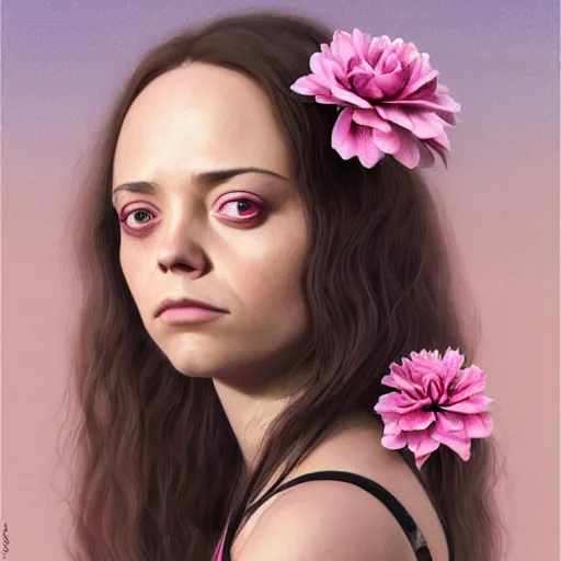 Image similar to black snake moan, pink petals with a a bored aubrey plaza and christina ricci mixed with mona lisa, intricate, elegant, highly detailed, wonderful eyes, sweet, digital painting, artstation, concept art, smooth, sharp focus, illustration, art by artgerm and greg rutkowski and concept art, rectilinear vaporwave