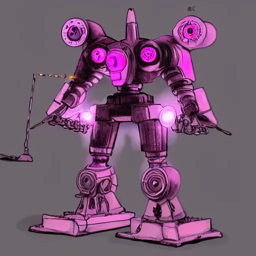 Prompt: a steampunk mech - suit drilling into a mysterious glowing pink crystal with its drill arm, dark cave, pink sparks, purple sparks, studio ghibli, extremely detailed,