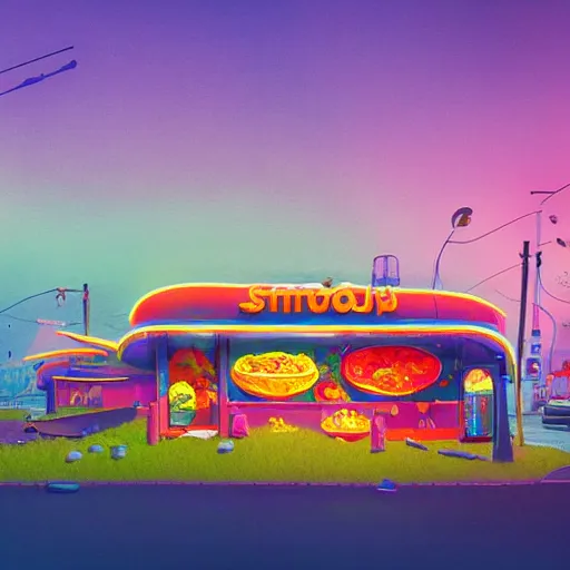 Image similar to psychedelic fast food restaurant near the beach by simon stalenhag